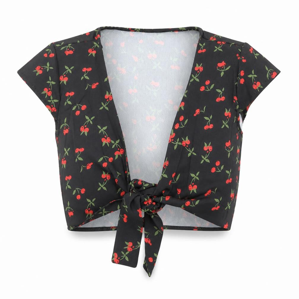 Front view of Zaful women’s black geometric polyester basic blouse, size UK 8, v-neck - cherry print