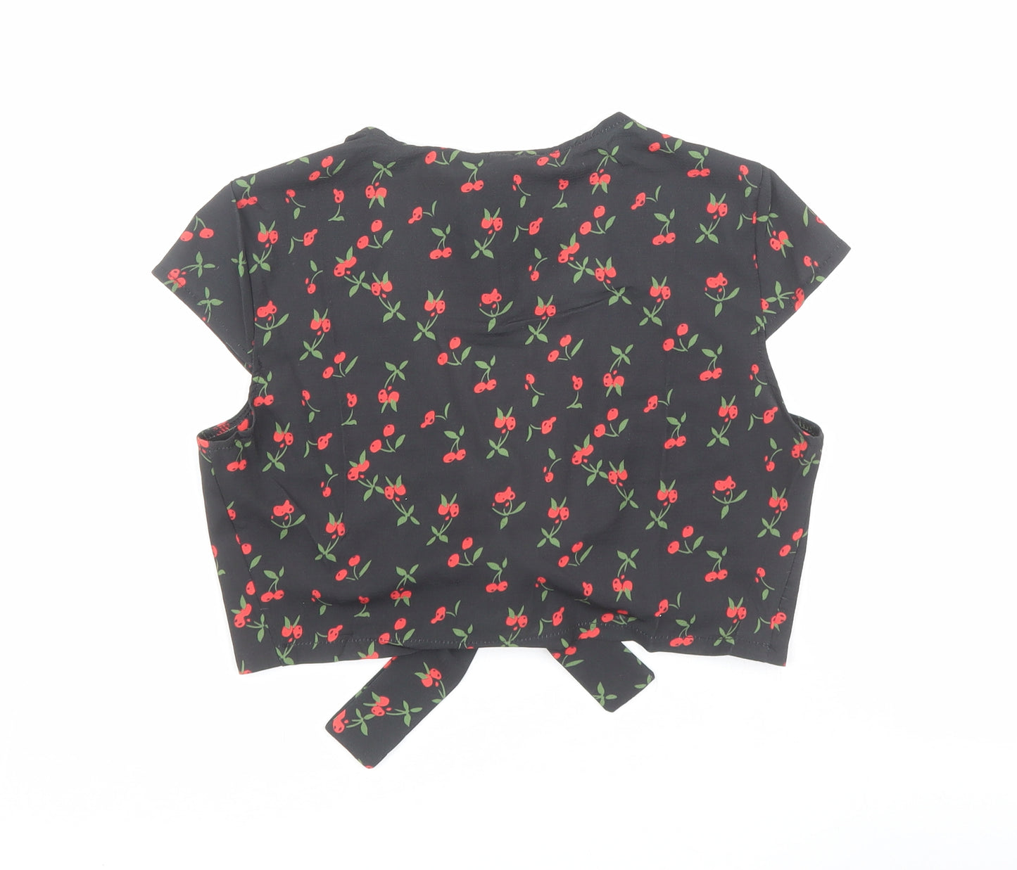 Zaful Womens Black Geometric Polyester Basic Blouse Size 8 V-Neck - Cherry Print