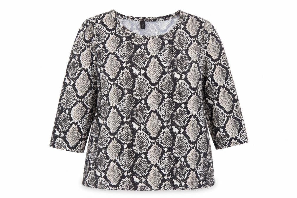 Soyaconcept Womens Black Animal Print Cotton Basic T-Shirt Size 2XL Boat Neck - Snakeskin Print