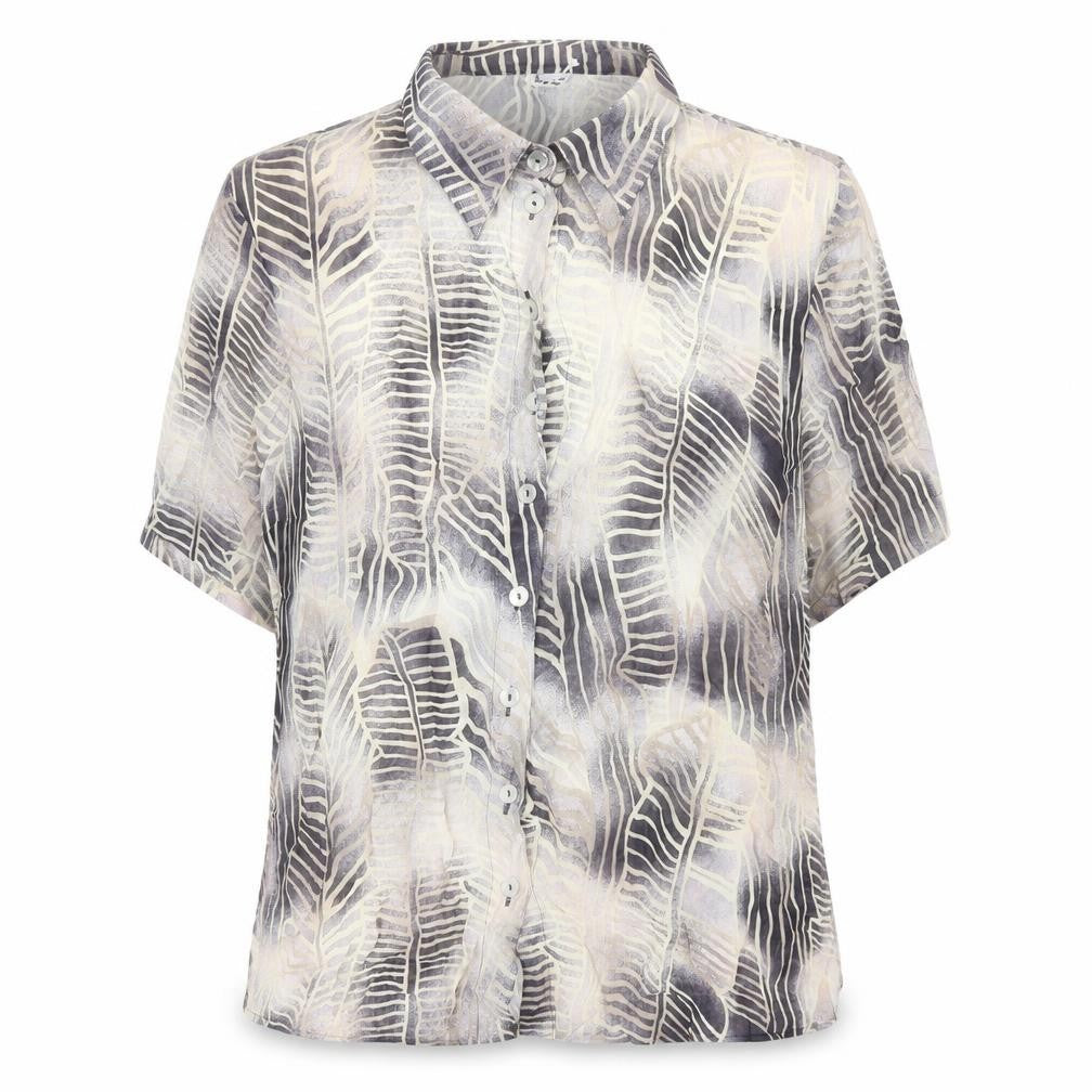 Front view of Tru women’s multicoloured geometric viscose basic button-up, size UK 12, collared