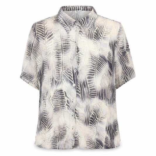Front view of Tru women’s multicoloured geometric viscose basic button-up, size UK 12, collared