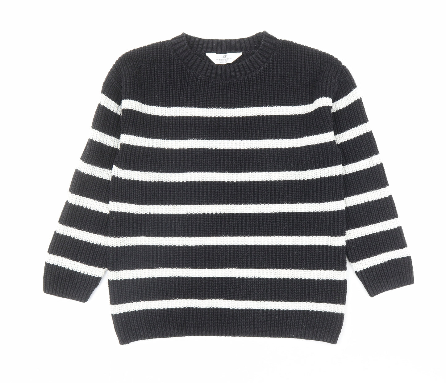 H&M Girls Black Round Neck Striped Cotton Pullover Jumper Size 10-11 Years Pullover - Size 10-12 Years