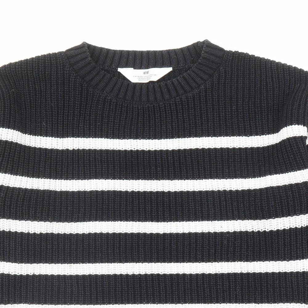 H&M Girls Black Round Neck Striped Cotton Pullover Jumper Size 10-11 Years Pullover - Size 10-12 Years
