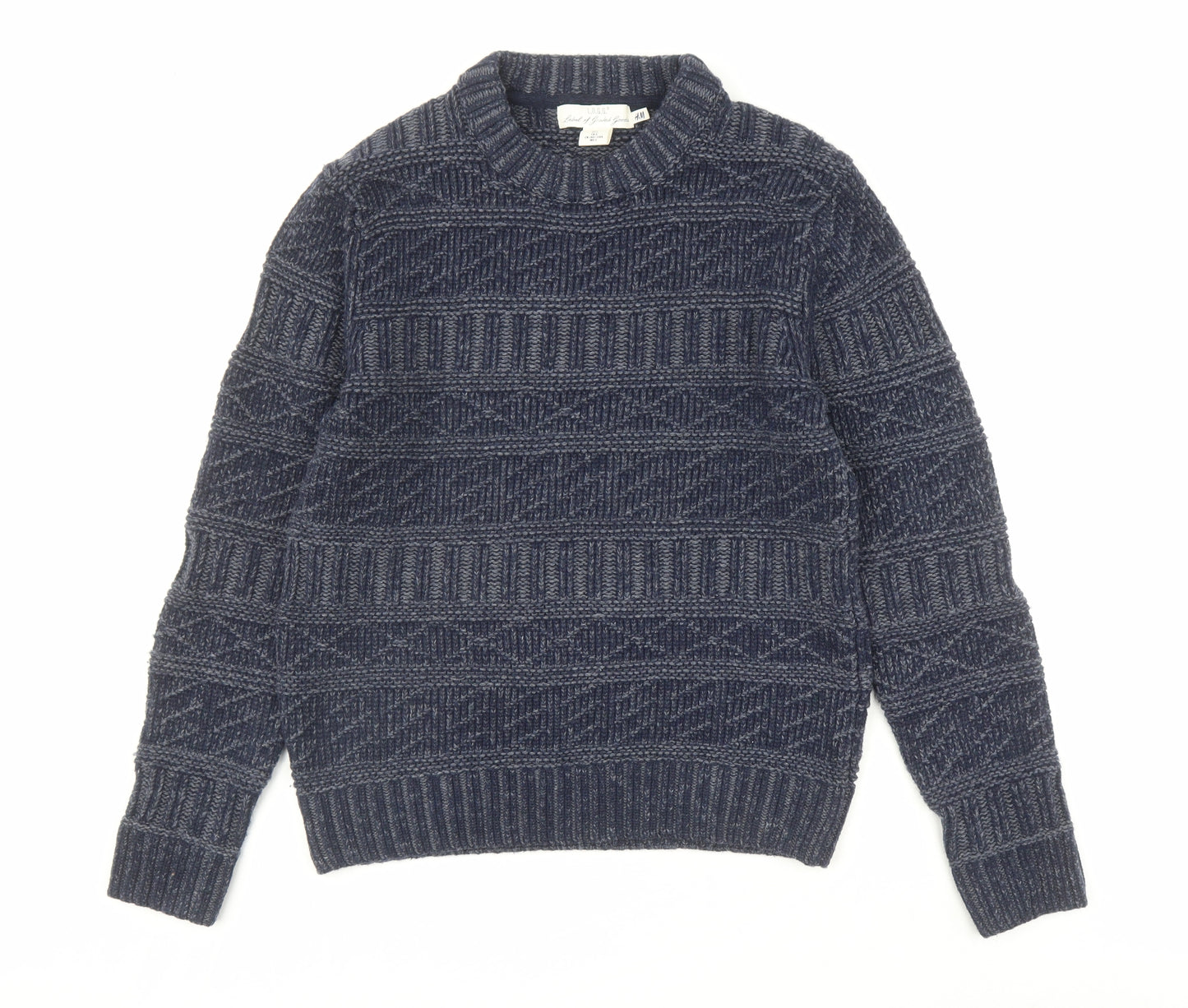 H&M Mens Blue Round Neck Wool Pullover Jumper Size L Long Sleeve