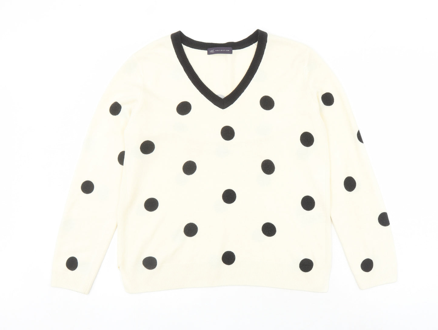 Marks and Spencer Womens Ivory V-Neck Polka Dot Acrylic Pullover Jumper Size 14