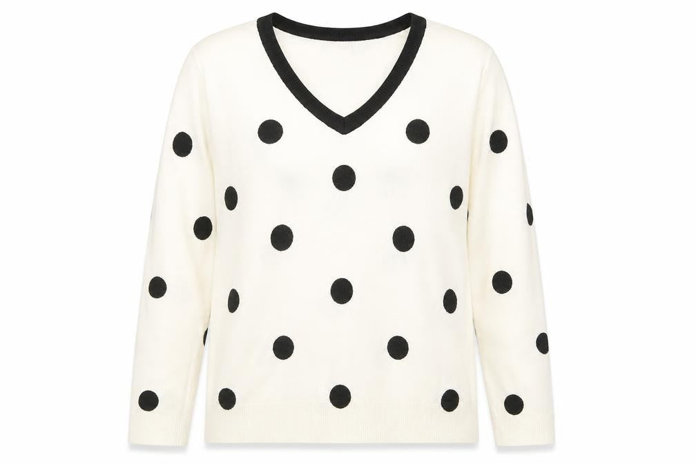 Front view of Marks & Spencer women’s ivory v-neck polka dot acrylic jumper, size UK 14