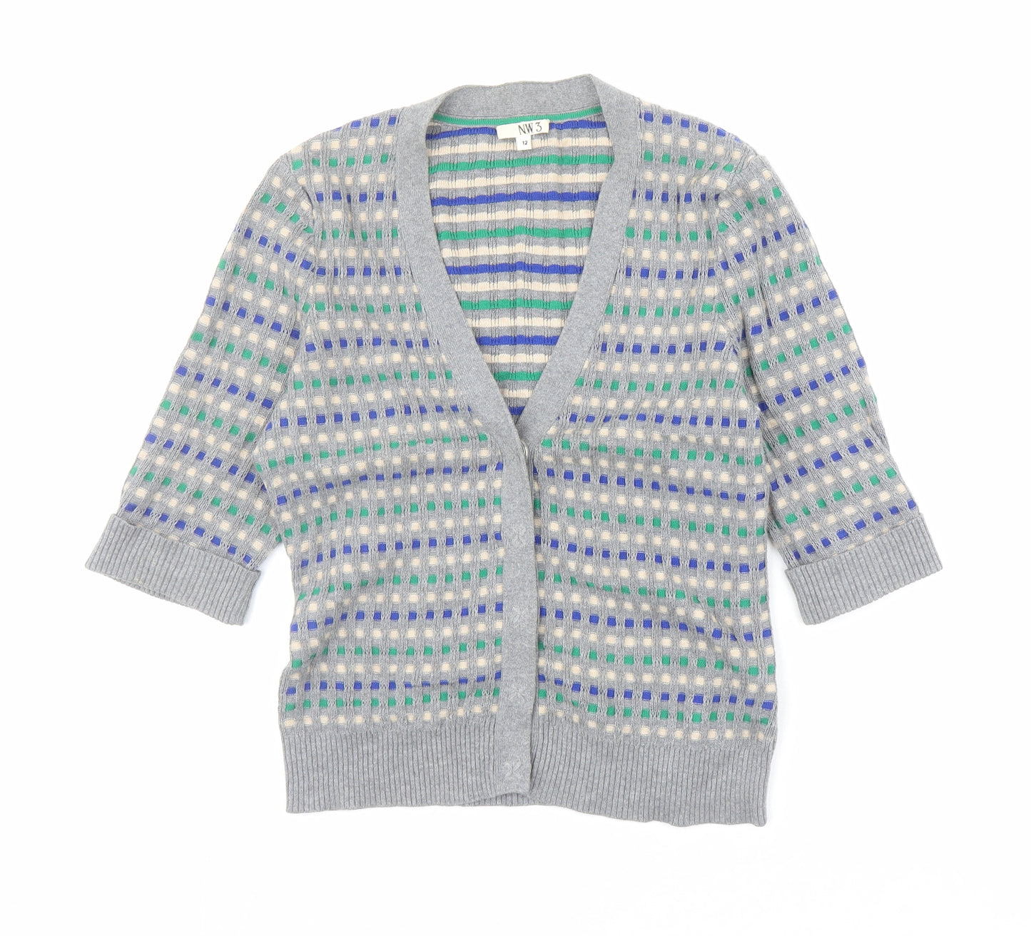 N.W.3 Womens Multicoloured V-Neck Geometric Cotton Cardigan Jumper Size 12
