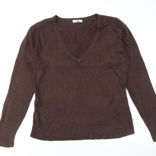 Mk Womens Brown V-Neck Acrylic Pullover Jumper Size 14
