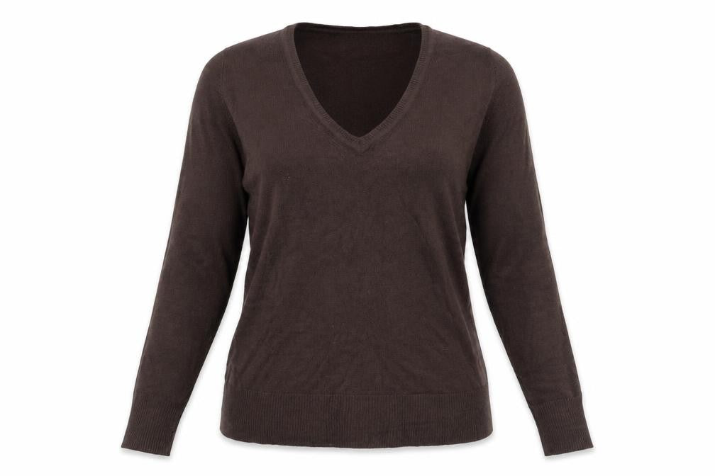 Front view of Mk women’s brown v-neck acrylic jumper, size UK 14