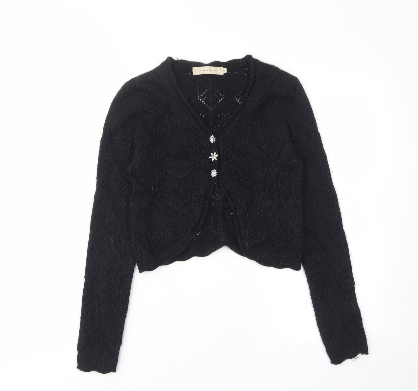 RJR.John Rocha Womens Black V-Neck Nylon Cardigan Jumper Size 10 - Cropped Rhinestones Buttons