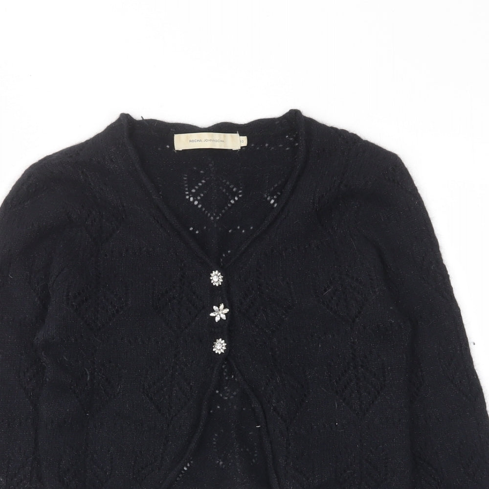 RJR.John Rocha Womens Black V-Neck Nylon Cardigan Jumper Size 10 - Cropped Rhinestones Buttons