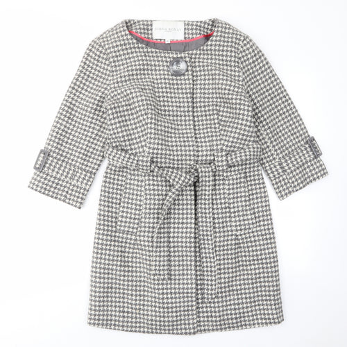 Edina Ronay Womens Grey Geometric Overcoat Coat Size 12 Button - Belt, Pockets, Houndstooth Pattern