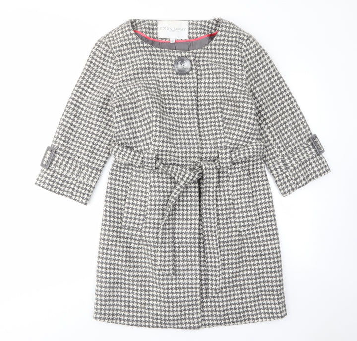 Edina Ronay Womens Grey Geometric Overcoat Coat Size 12 Button - Belt, Pockets, Houndstooth Pattern