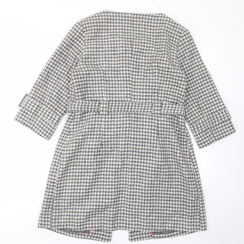 Edina Ronay Womens Grey Geometric Overcoat Coat Size 12 Button - Belt, Pockets, Houndstooth Pattern
