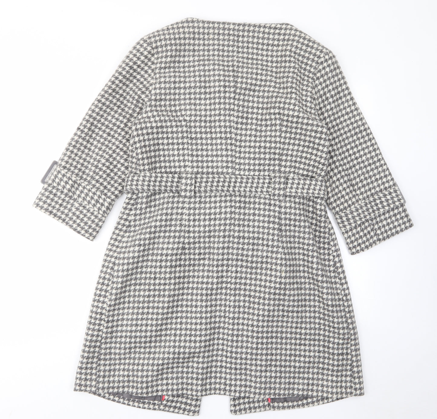 Edina Ronay Womens Grey Geometric Overcoat Coat Size 12 Button - Belt, Pockets, Houndstooth Pattern