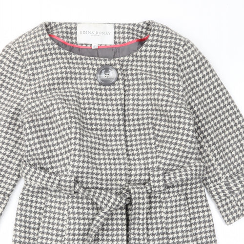 Edina Ronay Womens Grey Geometric Overcoat Coat Size 12 Button - Belt, Pockets, Houndstooth Pattern
