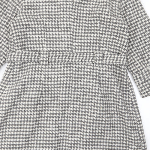 Edina Ronay Womens Grey Geometric Overcoat Coat Size 12 Button - Belt, Pockets, Houndstooth Pattern