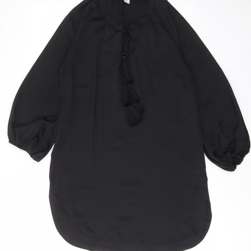 H&M Womens Black Polyester A-Line Size 8 V-Neck Pullover - Tassled, Keyhole neck