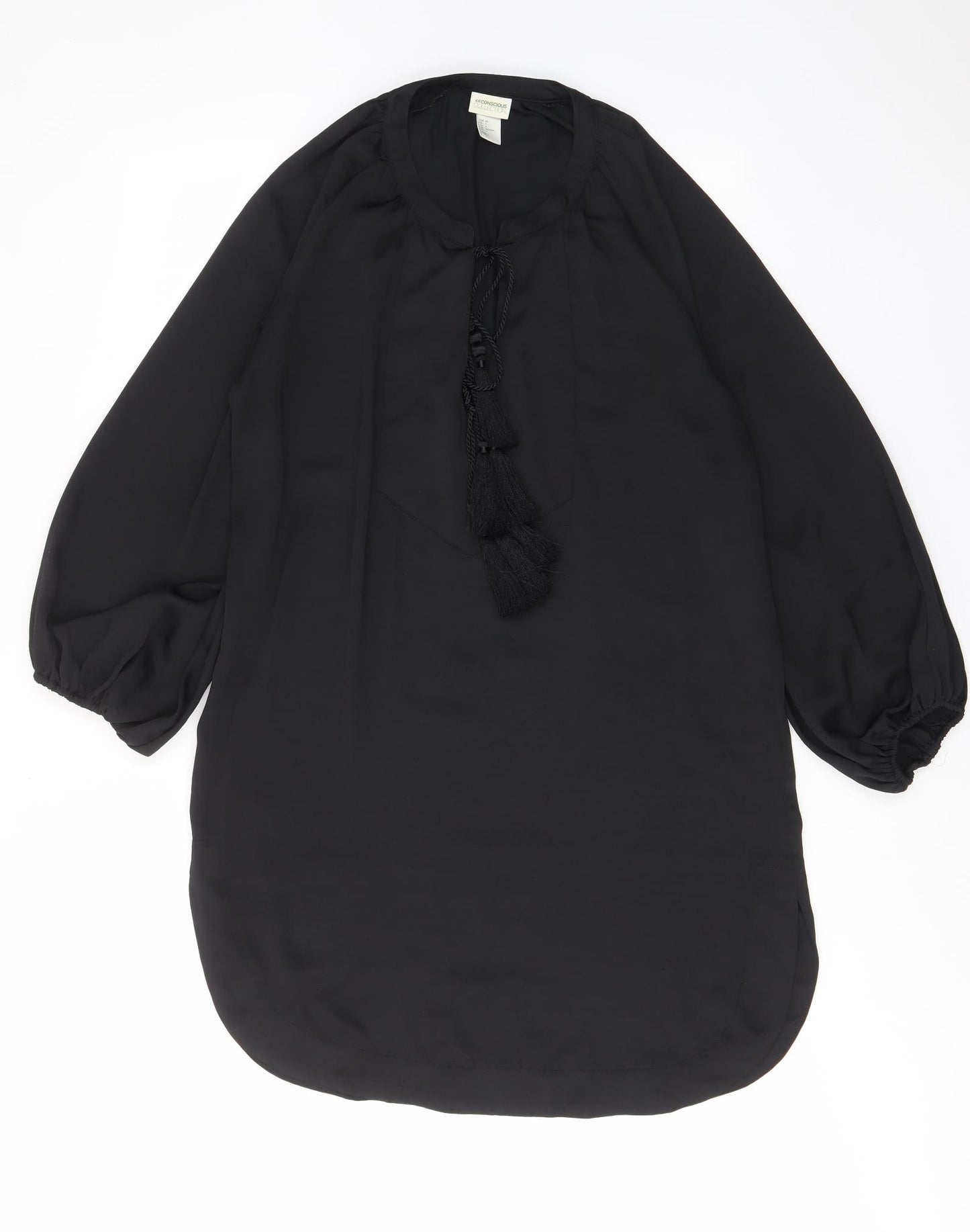 H&M Womens Black Polyester A-Line Size 8 V-Neck Pullover - Tassled, Keyhole neck