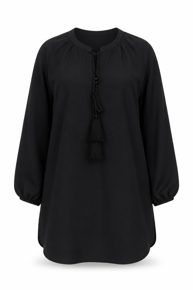 Front view of H&M women’s black polyester a-line, size UK 8, v-neck pullover - tassled, keyhole neck