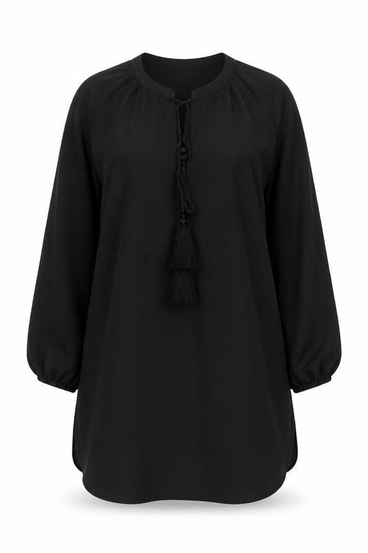 Front view of H&M women’s black polyester a-line, size UK 8, v-neck pullover - tassled, keyhole neck