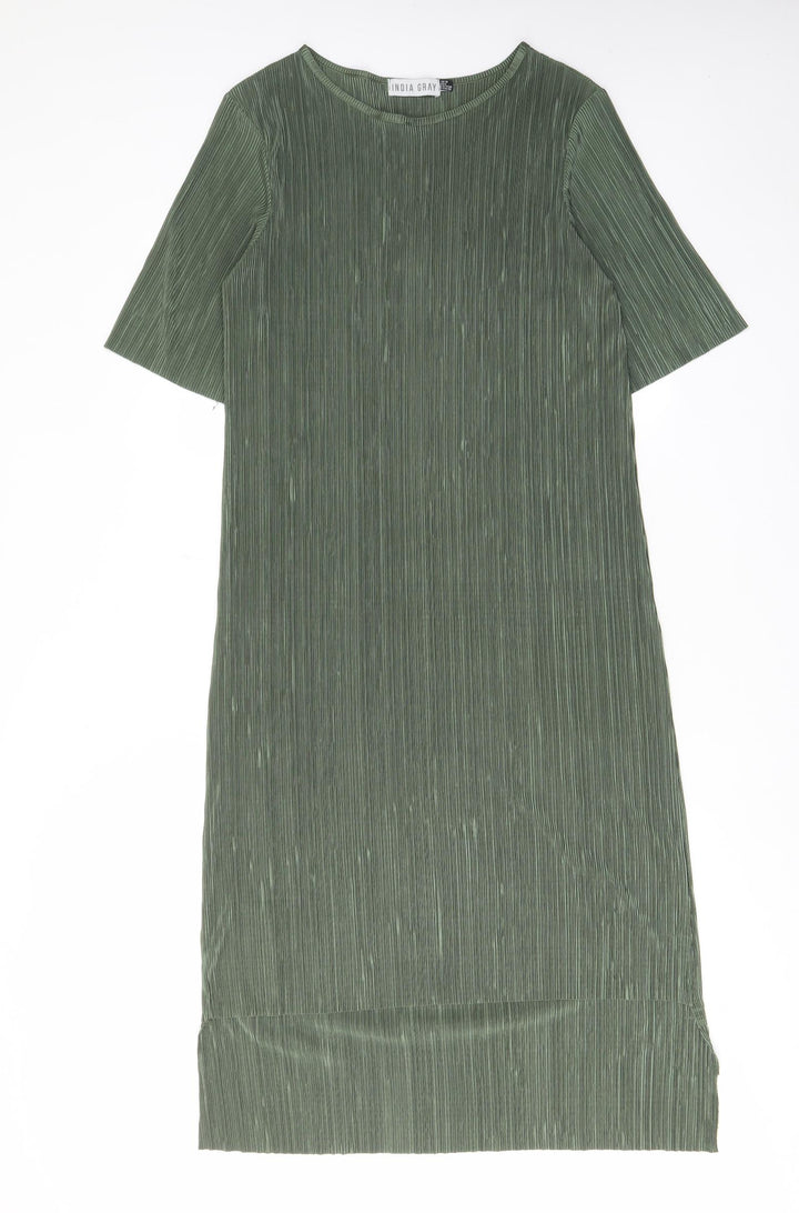 India Gray Womens Green Polyester A-Line Size 10 Crew Neck Pullover - Pleated