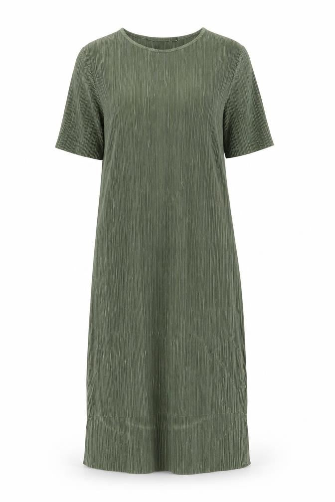 Front view of India Gray women’s green polyester a-line, size UK 10, crew neck pullover - pleated