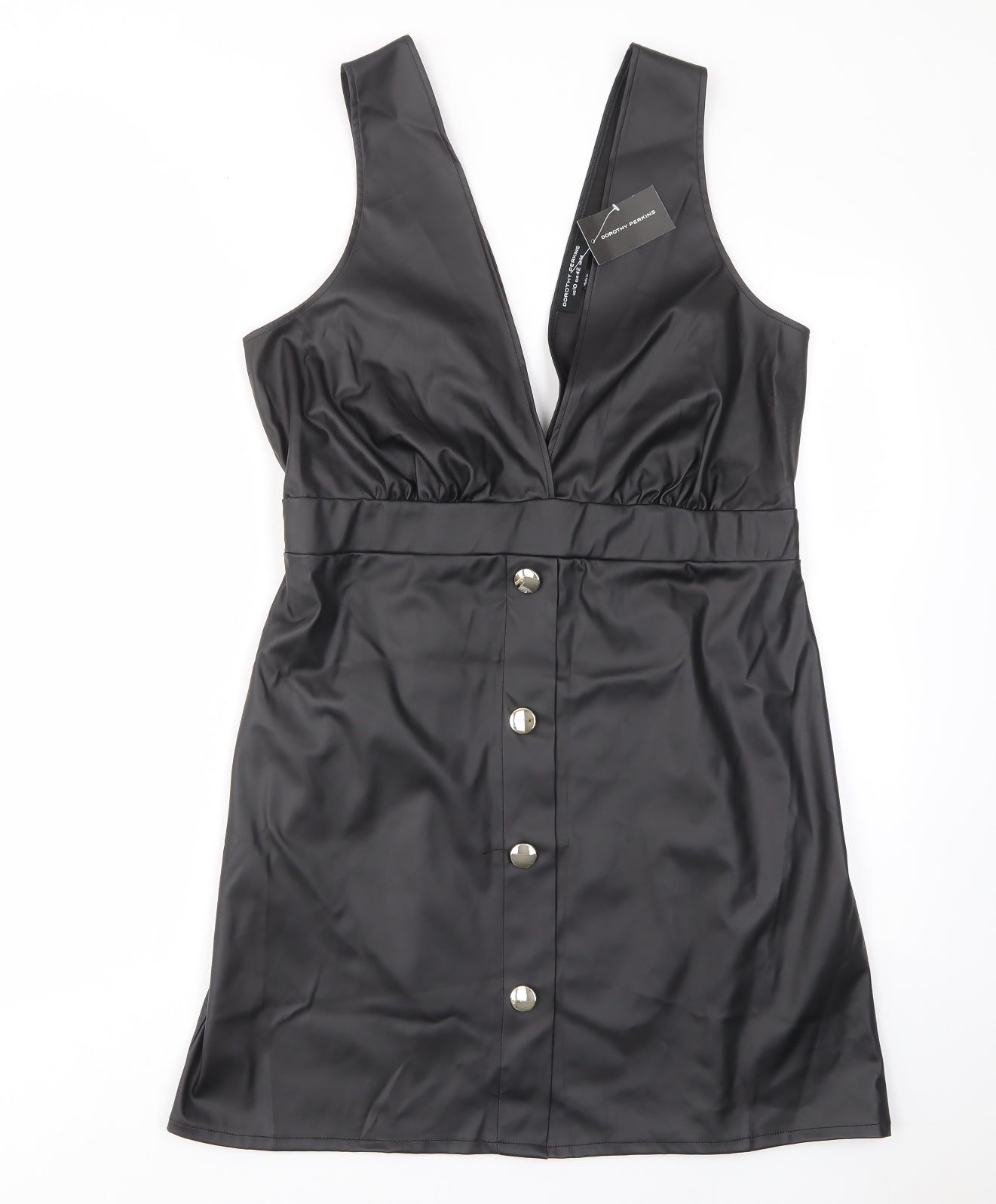 Dorothy Perkins Womens Black Polyurethane Pinafore/Dungaree Dress Size 14 V-Neck Pullover