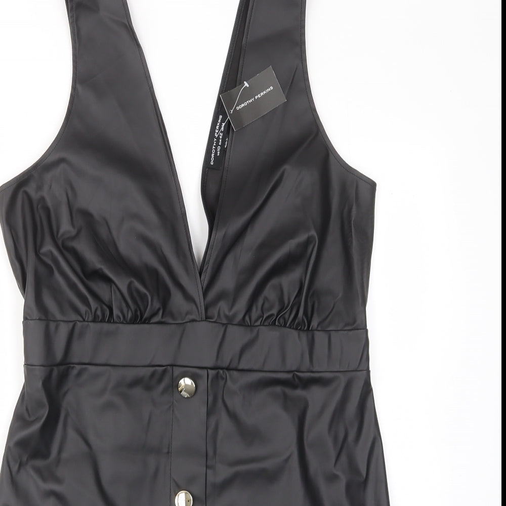 Dorothy Perkins Womens Black Polyurethane Pinafore/Dungaree Dress Size 14 V-Neck Pullover
