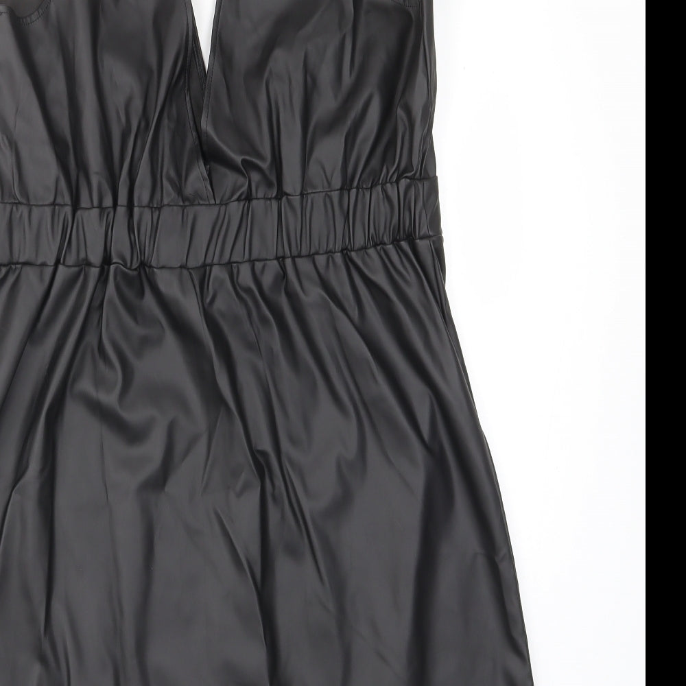 Dorothy Perkins Womens Black Polyurethane Pinafore/Dungaree Dress Size 14 V-Neck Pullover