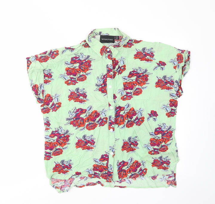 MINKPINK Womens Green Floral Viscose Basic Button-Up Size M Collared