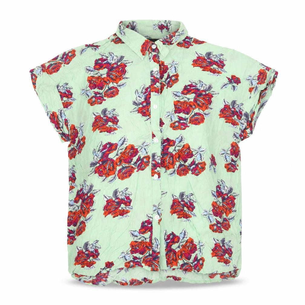 Front view of MINKPINK women’s green floral viscose basic button-up, size M, collared