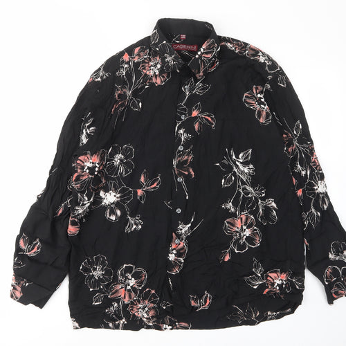 Caserini Womens Black Floral Viscose Basic Button-Up Size XL Collared - Pocket