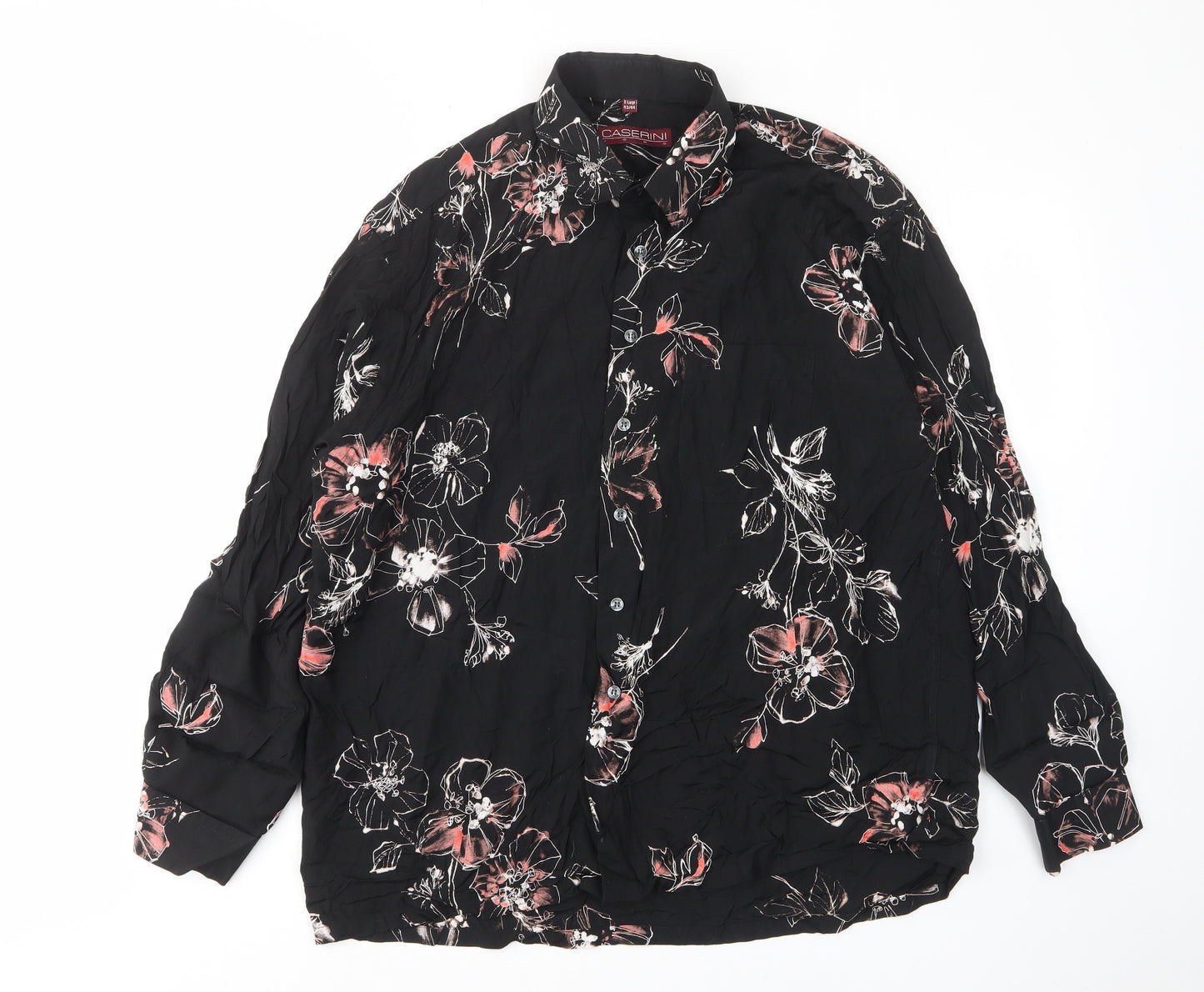 Caserini Womens Black Floral Viscose Basic Button-Up Size XL Collared - Pocket