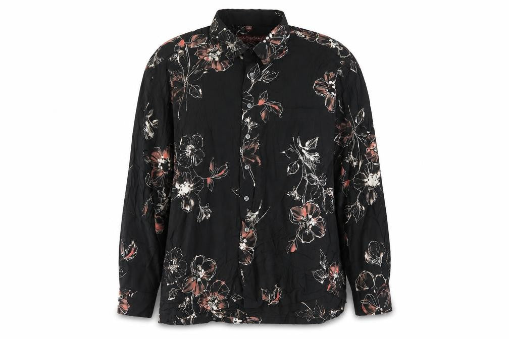 Front view of Caserini women’s black floral viscose basic button-up, size XL, collared - pocket