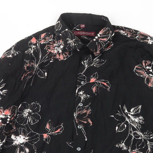 Caserini Womens Black Floral Viscose Basic Button-Up Size XL Collared - Pocket