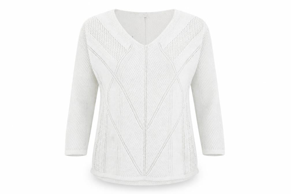 Front view of Next women’s white v-neck cotton jumper, size UK 8