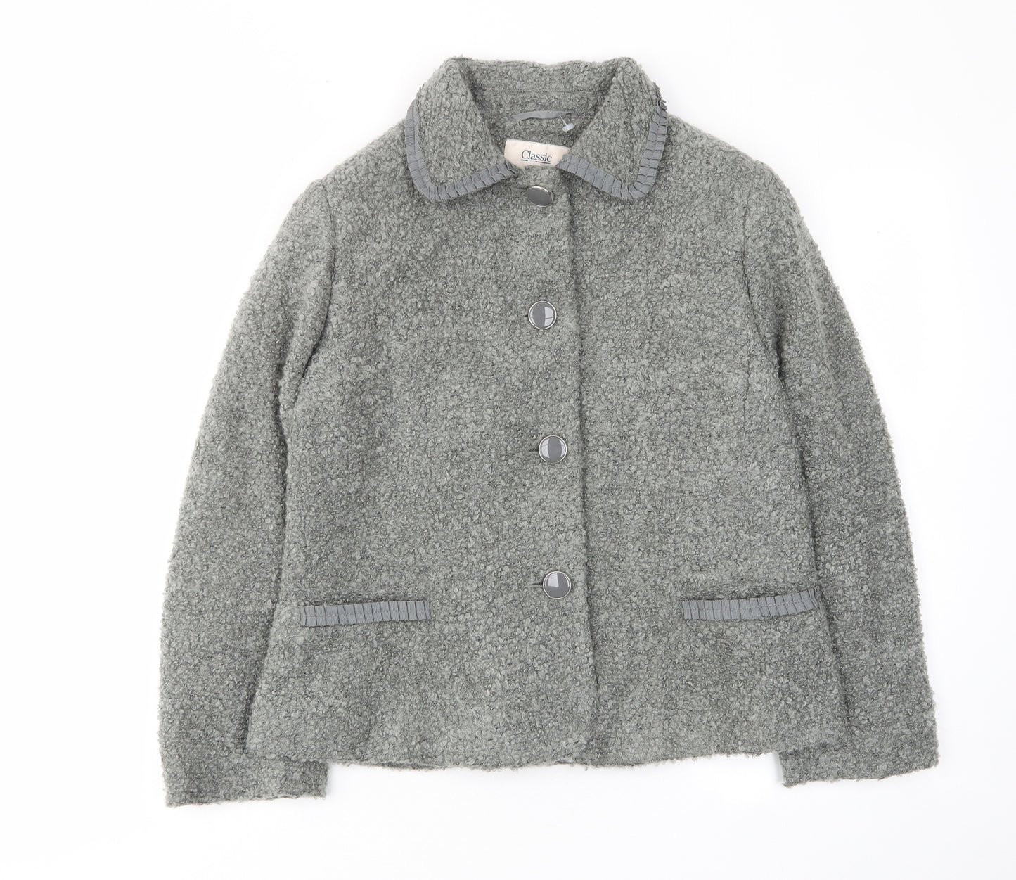 Classic Womens Grey Jacket Size 14 Button - Collared, Pockets