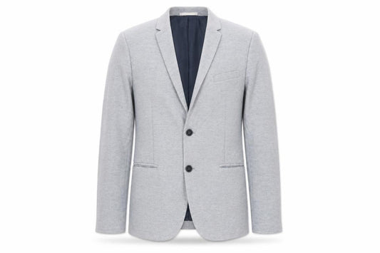 Front view of H&M men’s blue polyester jacket suit jacket, size 34, regular - pockets