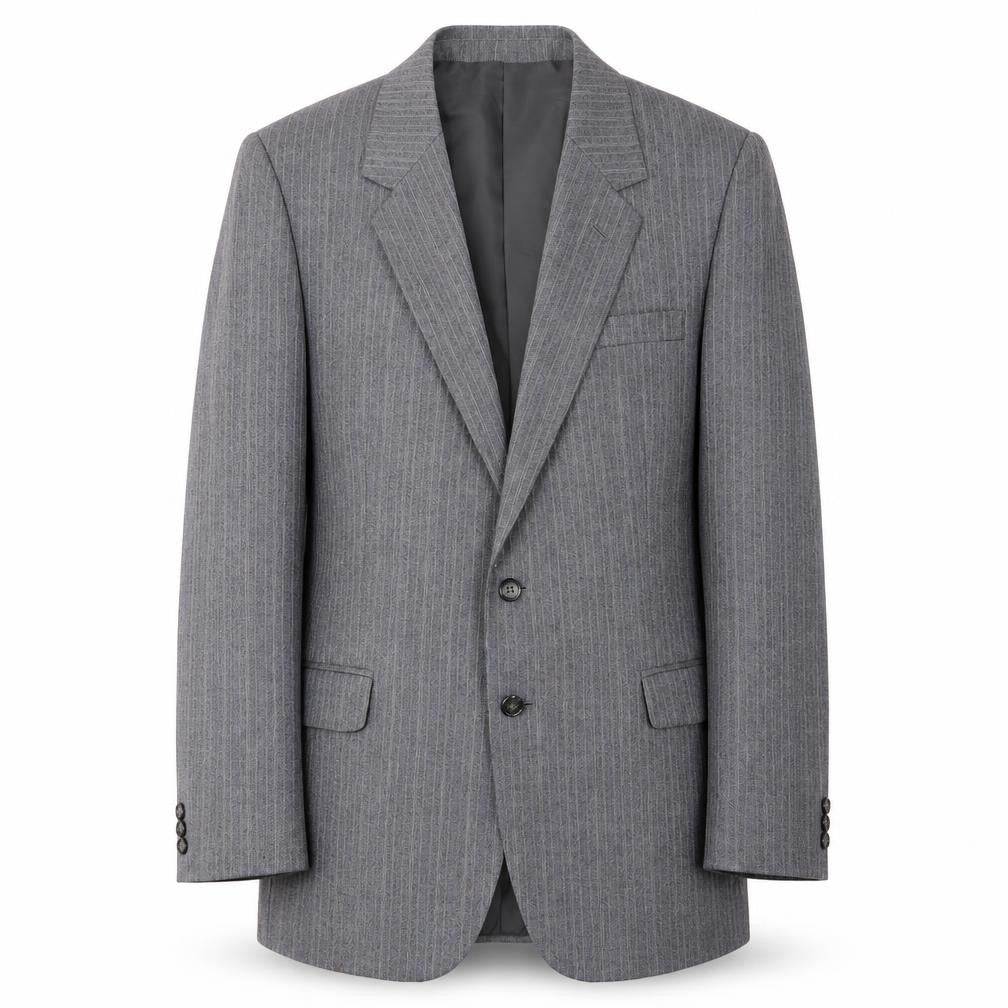 Front view of Greenwoods men’s grey striped wool jacket suit jacket, size 42, regular - inside pockets