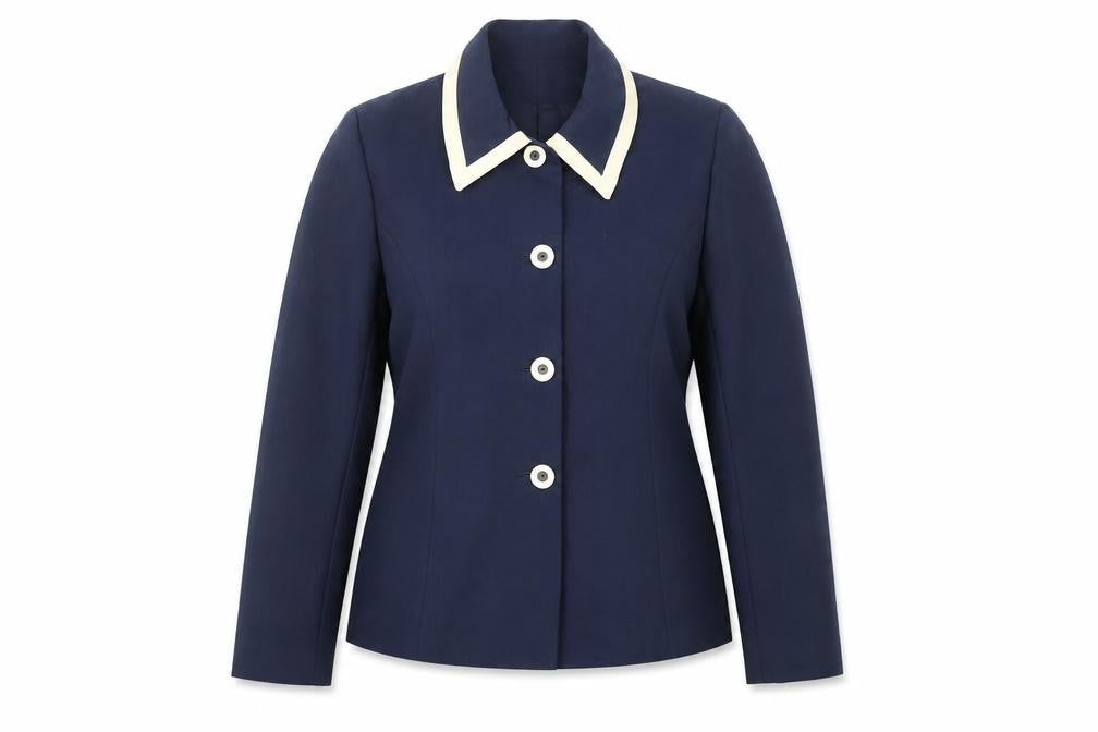 Front view of Style File women’s blue jacket, size UK 10, button - collared