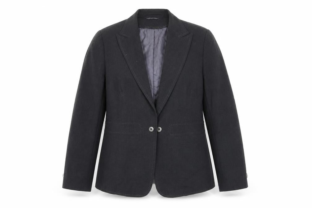 Front view of Marks & Spencer women’s grey jacket blazer, size UK 18, hook & eye - buttons, embroided