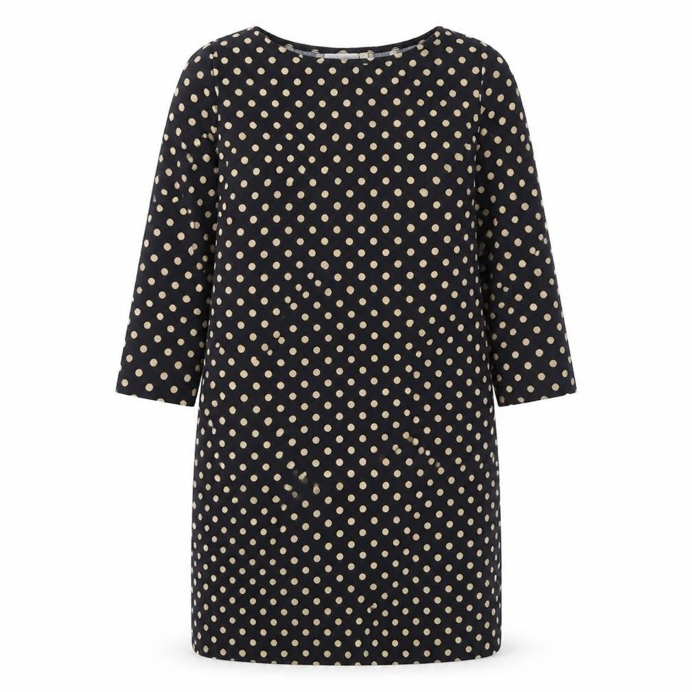 Front view of JoJo Maman Bébé women’s blue polka dot polyester a-line, size M, boat neck pullover