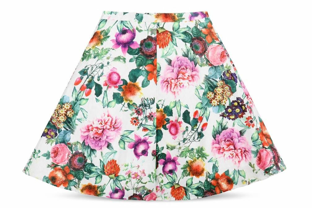 Front view of Glamorous women’s white floral polyester flare skirt, size M, zip