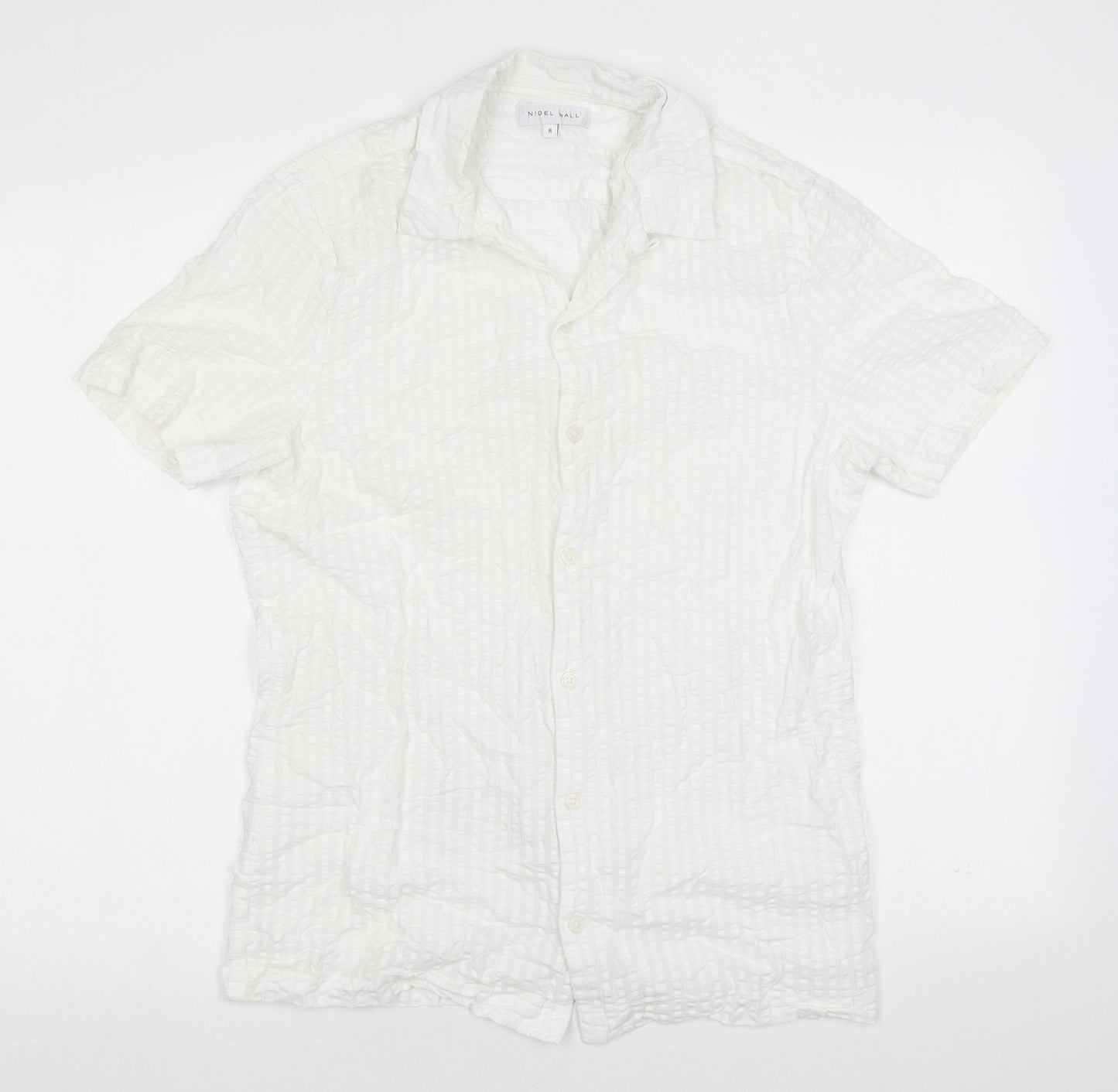 Nigel Hall Mens White Polyester Button-Up Size M Collared Button - Waffle fabric