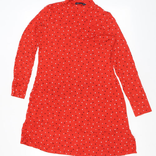 Marks and Spencer Womens Red Geometric Viscose A-Line Size 8 Mock Neck Pullover - Card Suits Print