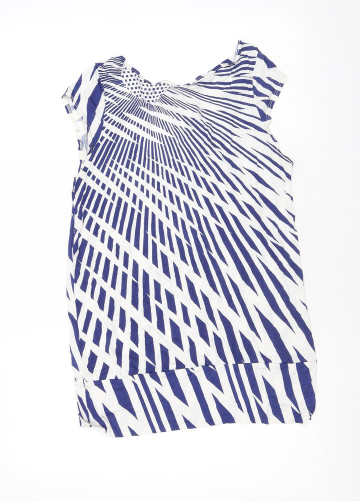 Warehouse Womens Blue Geometric Viscose Basic T-Shirt Size 14 Boat Neck