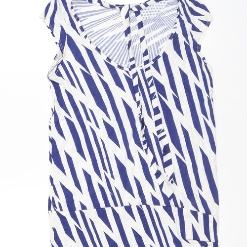 Warehouse Womens Blue Geometric Viscose Basic T-Shirt Size 14 Boat Neck