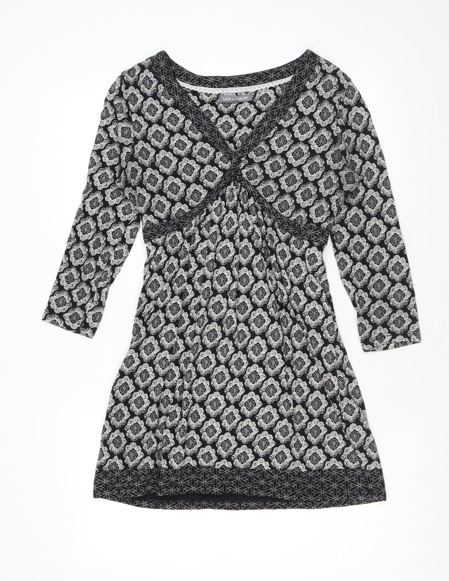 Laura Ashley Womens Black Paisley Cotton Basic T-Shirt Size 8 V-Neck