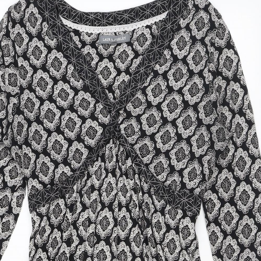 Laura Ashley Womens Black Paisley Cotton Basic T-Shirt Size 8 V-Neck